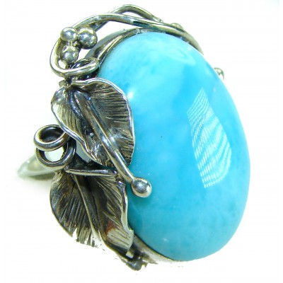 Caribbean Beauty Genuine Blue Larimar .925 Sterling Silver handmade LARGE ring size 7 adjustable