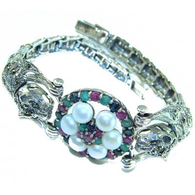 Two panthers Natural precious Ruby Emerald Sapphire .925 Sterling Silver handcrafted Bracelet