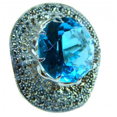 Deep Divine Ocean 44.5 carat Swiss Blue Topaz Marcasite .925 Sterling Silver Handcrafted Ring size 7