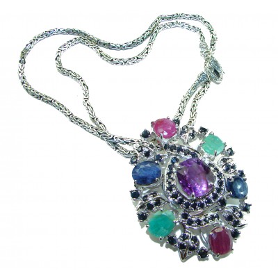 Wonderland - Great Impression authentic 45.5 carat Multi- gems .925 Sterling Silver handcrafted Heavy Style LARGE Necklace Pendant Brooch