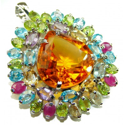 Inner Fire - Large 33.5 carat genuine Golden Topaz Multi - gems .925 Sterling Silver handmade Pendant - Brooch