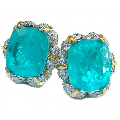Wild Ocean baguette cut 27.5 carat Aquamarine Emerald 2 tones .925 Sterling Silver handmade Statement earrings