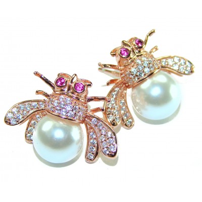 Golden Bees Genuine Pearl 18K Rose Gold over .925 Sterling Silver handcrafted Statement Earrings