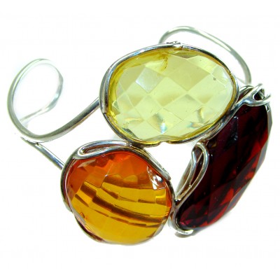 Huge Genuine faceted Golden Baltic Amber highly polished .925 Sterling Silver handcrafted Bracelet / Cuff