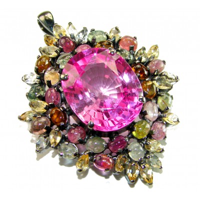 Vintage Design 27.5 carat oval cut Pink Sapphire Brazilian Watermelon Tourmaline black rhodium over .925 Sterling Silver handcrafted Pendant Brooch