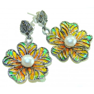 Masterpiece! Authentic Pearl Enamel .925 Sterling Silver handcrafted earrings