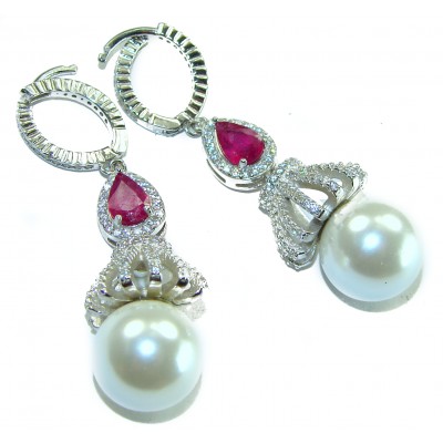 Genuine Pearl Ruby 18K White Gold over .925 Sterling Silver handcrafted Statement Earrings