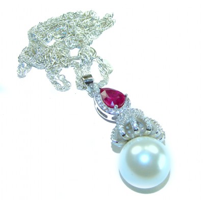 Genuine Pearl Ruby 18K White Gold over .925 Sterling Silver handcrafted Statement Necklace