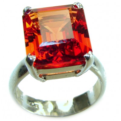 Blooming Rose baguette cut 19.5 carat Orange Sapphire .925 Sterling Silver handmade Statement ring; s. 8