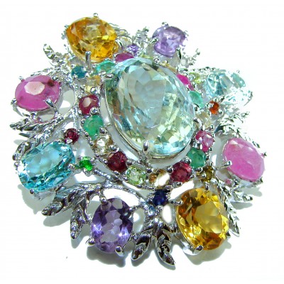 Blooming Garden Brooch - Authentic 55.5 carat Multigem 18K White Gold over .925 Sterling Silver handcrafted Pendant