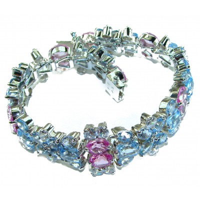 Seaside 185.5 carat Swiss Blue Topaz Pink Sapphire .925 Sterling Silver handmade Large Statement Bracelet
