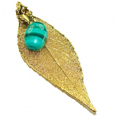 Rain Drop REAL Leaf dipped in Sterling Silver and 14K Gold Malachite & .925 Sterling Silver Pendant