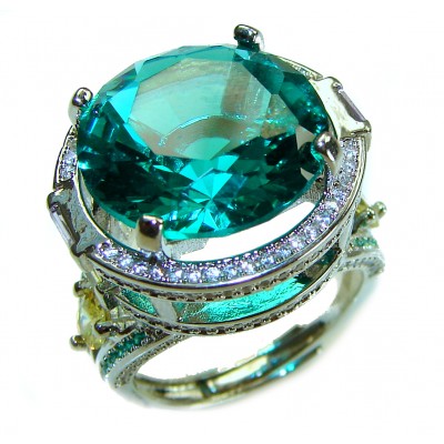 Authentic 15.9 carat Colombian Emerald 2 tones .925 Sterling Silver handcrafted Ring size 8 adjustable