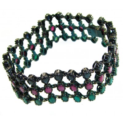 Great Masterpiece 55.2 carat genuine Sapphire Ruby Emerald black rhodium over .925 Sterling Silver handmade Statement Bracelet