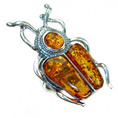 LaRGE Golden Scarabaeus Authentic Baltic Amber .925 Sterling Silver handcrafted ring; s. 7 adjustable