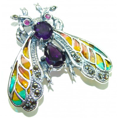 Precious Bee genuine Amethyst Enamel .925 Sterling Silver handmade Pendant - Brooch