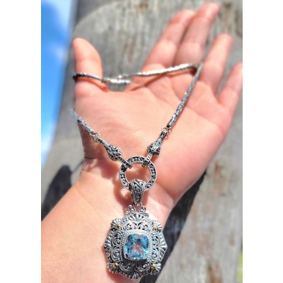 Atlantica 12.5 carat genuine Swiss Blue Topaz 2 tones .925 Sterling Silver handmade Statement necklace
