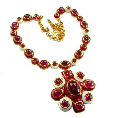 Outstanding - Red Rose - Authentic Kashmir 155.8 carat Ruby Enamel 18K Gold over .925 Sterling Silver handcrafted Station necklace