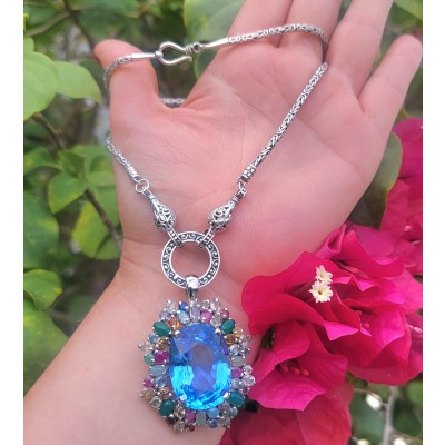 Atlantica - 88.5 carat genuine Swiss Blue Topaz l high-quality 925 sterling silver perfectly handmade Statement necklace- pendant- brooch