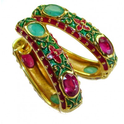 Giovanna - Genuine 12.5 CARAT Ruby Emerald enamel 18K Gold over .925 Sterling Silver Statement earrings