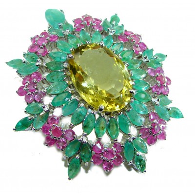 Vintage Design Genuine 24.5 carat precious Citrine Emerald .925 Sterling Silver handmade Pendant