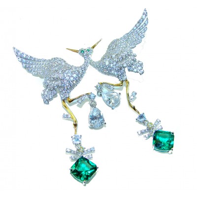 Magestic Herons Genuine 5.9 carat Emerald 2 tones .925 Sterling Silver earrings