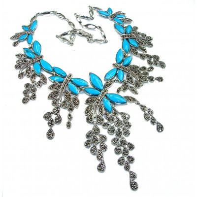 HUGE 77.9 grams Seven Butterflies design genuine Turquoise .925 Sterling Silver handcrafted Necklace