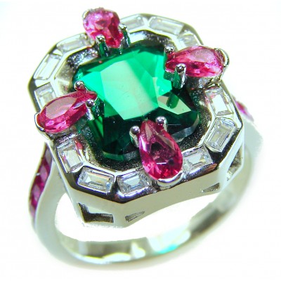 Art Deco 8.6 ctw Colombian Emerald .925 Sterling Silver handcrafted Statement Ring size 7 1/4