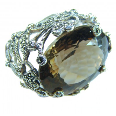 Rare Finding! Natural 18.4 carat Smoky Quartz Marcasite .925 Sterling Silver handmade Large Statement Ring size 7