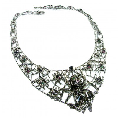 LARGE One of the kind Hunting Spider Colombian Emerald .925 Sterling Silver handmade necklace