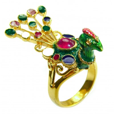 Precious Peacock 4.2 carat Ruby .925 Sterling Silver dipped in 18K Gold Handcrafted Large Ring size 7