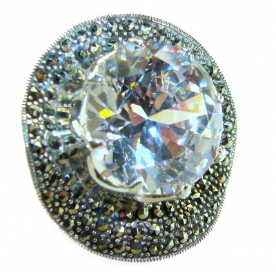 Pure Celestial energy Natural 28.4 carat White Topaz Marcasite .925 Sterling Silver handmade Large Statement Ring size 7