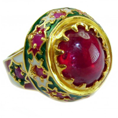 Divine Creation 10.5 carat Mozambique Ruby Enamel 18K Gold over .925 Sterling Silver handcrafted Ring s. 8 1/4