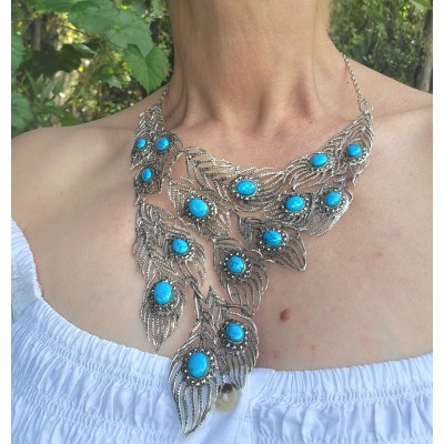 HUGE 104.7 grams Peacock Feather design genuine Turquoise .925 Sterling Silver handcrafted Necklace