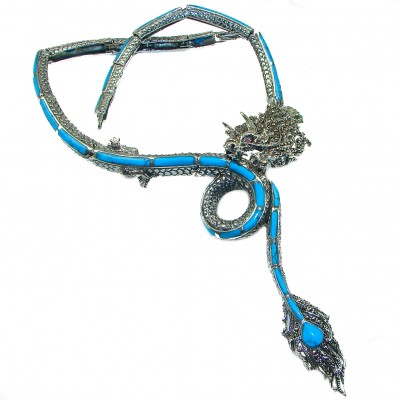 Power, Good fortune and Strength MASSIVE Dragon Genuine Turquoise Marcasite .925 Sterling Silver handmade handcrafted Necklace