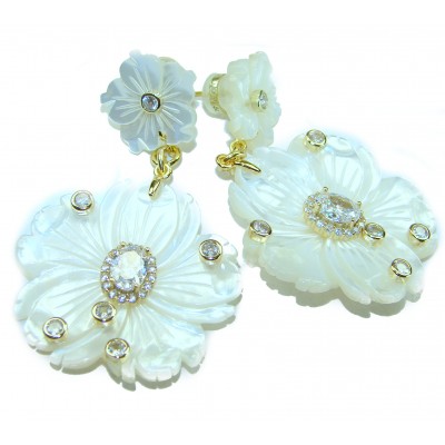 BLOOMING GARDEN Genuine Blister Pearl lab grown Diamond 18K Gold over .925 Sterling Silver handcrafted Large Statement Earrings