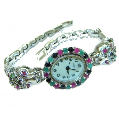Precious Panthers 59.8 carat Ruby Emerald Sapphire .925 Sterling Silver handmade Bracelet - Watch