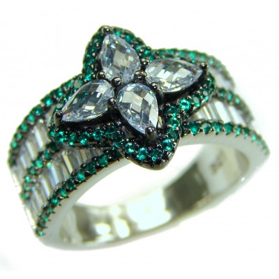 Art Deco - 12.8 carat Authentic Emerald .925 Sterling Silver Handcrafted Ring size 7