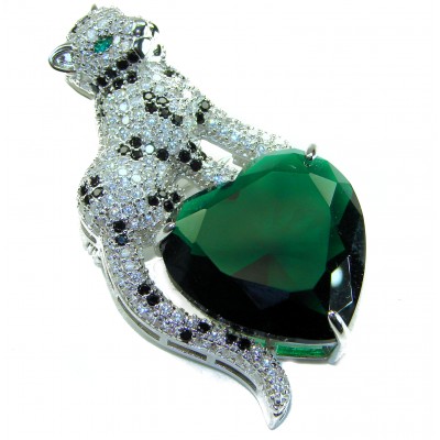 Passionate Love Cheetah authentic 42.5 carat Emerald .925 Sterling Silver Handcrafted pendant brooch