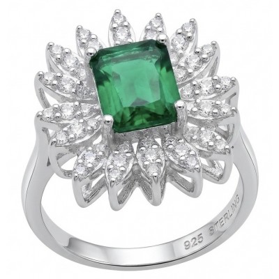 Elizabeth 5.8 carat Colombian Emerald 2.3 carat Moissanite .925 Sterling Silver dipped in Rhodium handcrafted Ring size 7 1/4