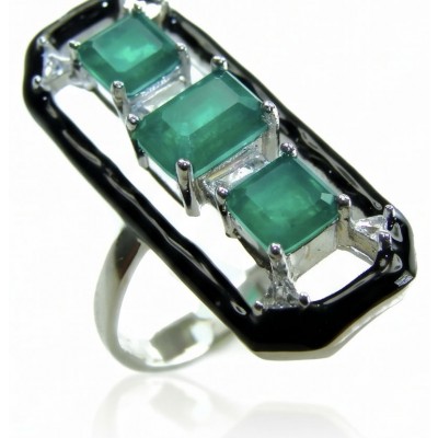 Art Deco 6.2 carat Sapphire black enamel .925 Sterling Silver handcrafted Ring size 8