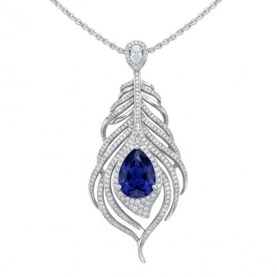 Precious Magic Feather 10.2 carat Sapphire .925 Sterling Silver .925 Sterling Silver Statement Necklace