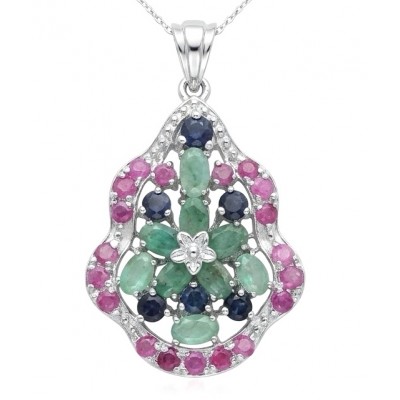 Angel's Blessings 10.4 ctw Ruby Emerald Sapphire rhodium over .925 Sterling Silver handcrafted Statement pendant