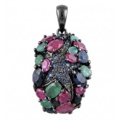 Vintage Beauty 10.7 carat Emerald Ruby Sapphire Black Rhodium over .925 Sterling Silver handcrafted pendant