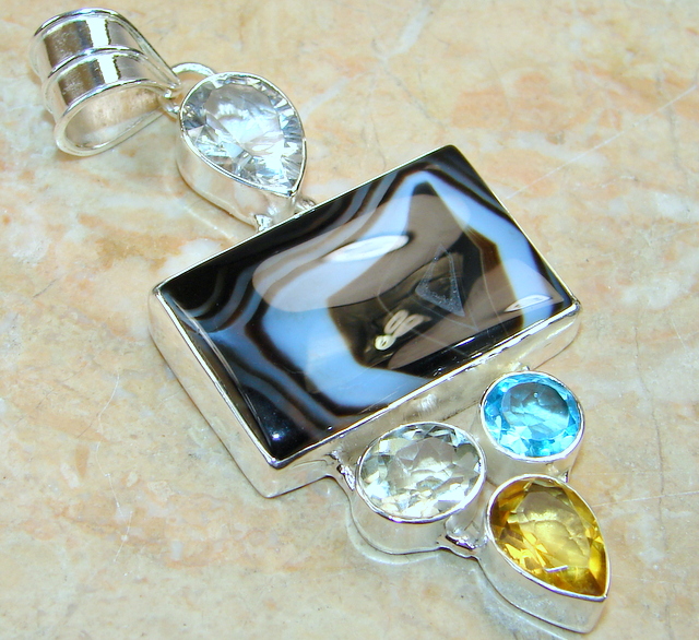 Pendentif En Argent 925 Et Agate Du Botswana - Pierre Naturelle - Fait Main - Longueur 3 Pouces