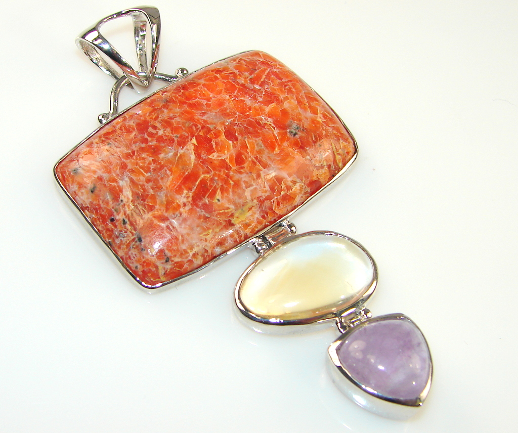 Unique Mssive Red Calcite Sterling Silver Pendant
