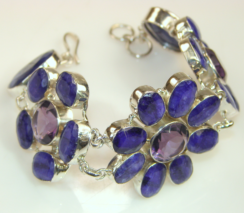 Natural Gem Top Rich Sapphire & Sterling Silver Bracelet