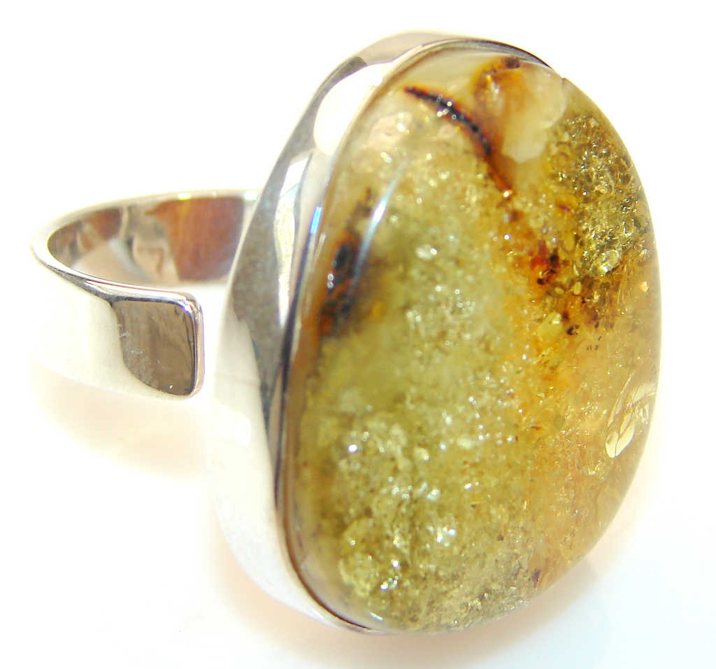 Big! Fabulous Polish Amber Sterling Silver Ring s. 10 - Adjustable
