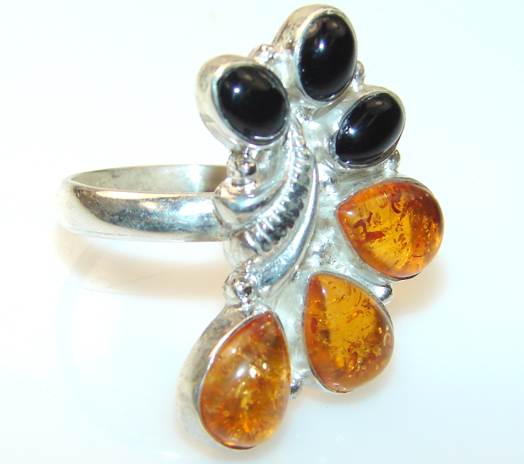 Amazing Polish Amber Sterling Silver Ring s. 7 1/4