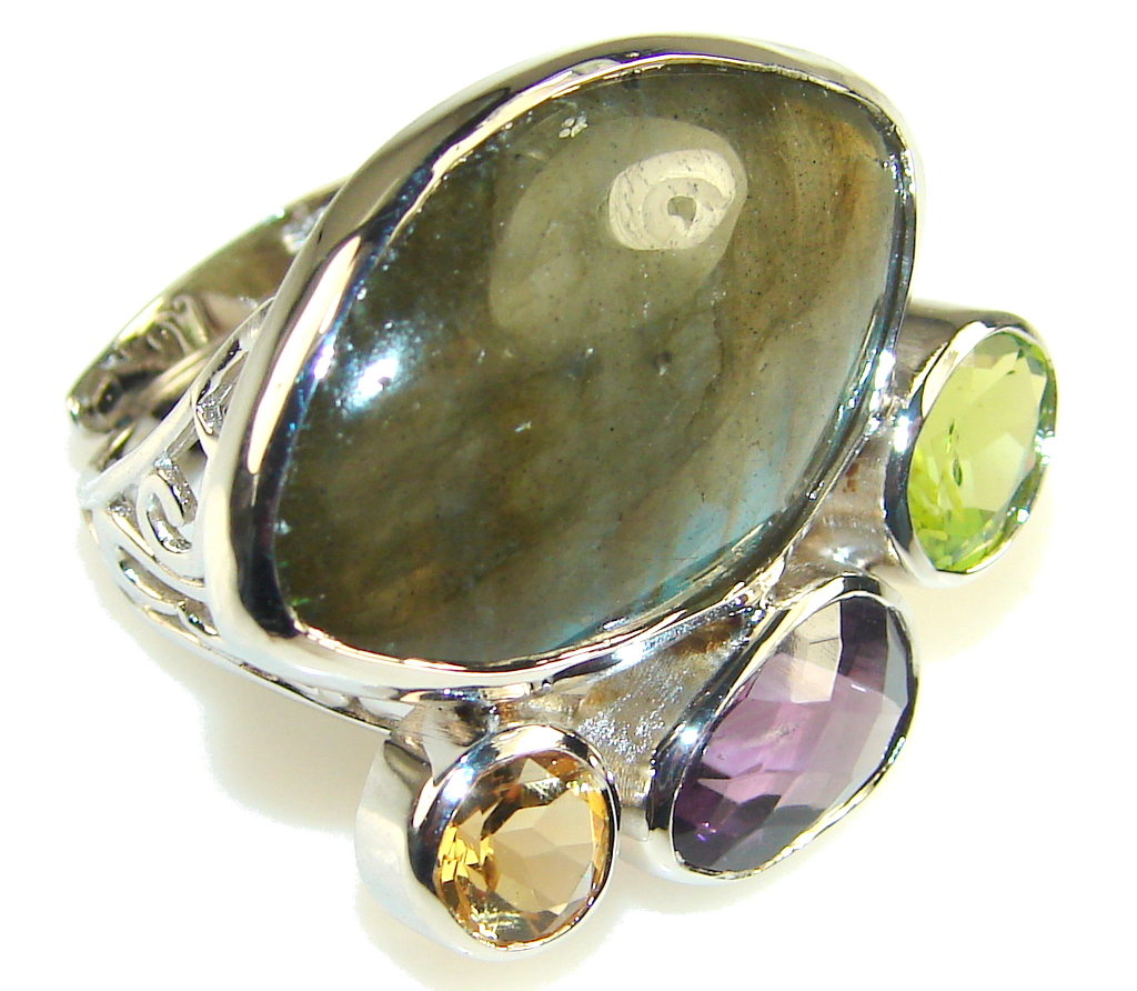 Excellent Green Labradorite Sterling Silver Ring s. 7 & up